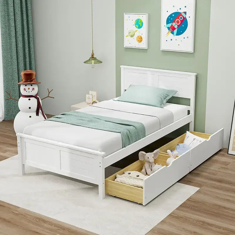 Cadre de lit en bois pour lits jumeaux/doubles avec 2 tiroirs de rangement et rangement sous le lit