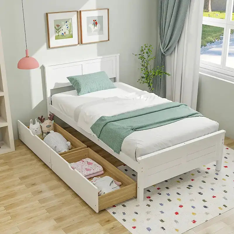 Cadre de lit en bois pour lits jumeaux/doubles avec 2 tiroirs de rangement et rangement sous le lit