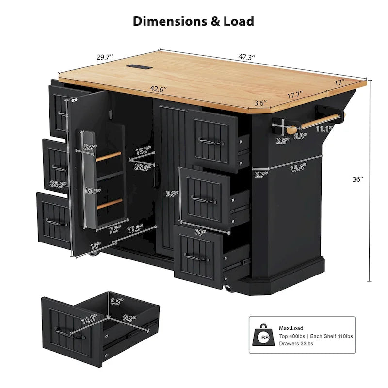 Îlot de cuisine de 56 pouces avec plateau rabattable en placage de bois d'hévéa