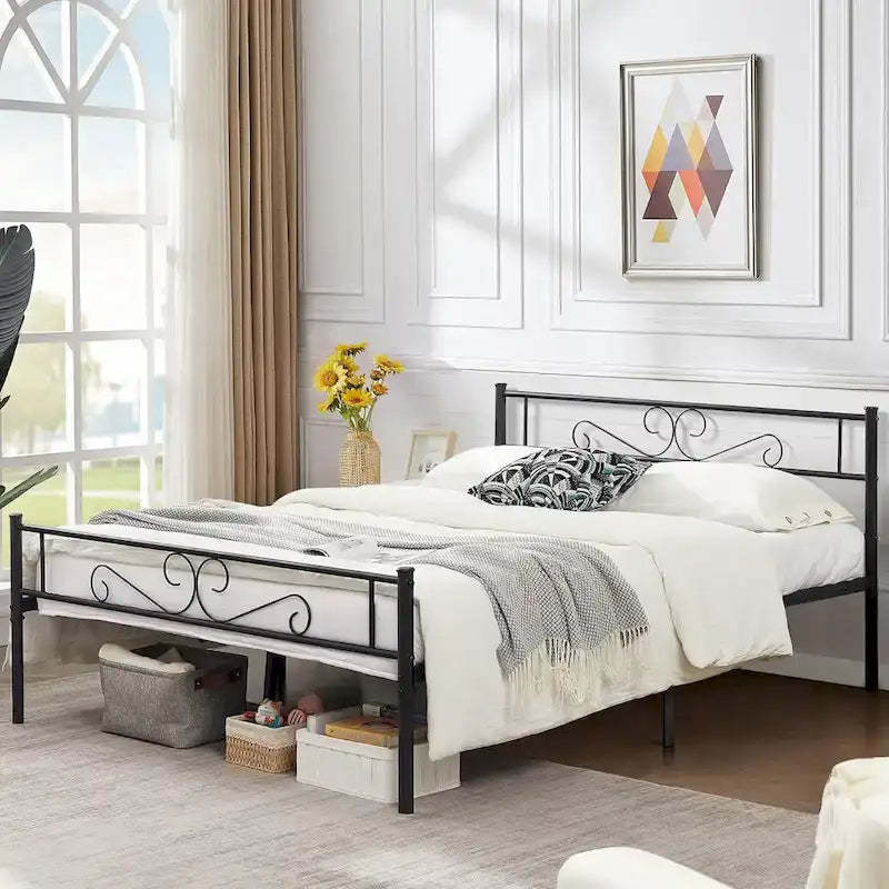 Cadre de lit plateforme moderne avec tête de lit volutes gracieuses de qualité supérieure - Twin/Full/Queen