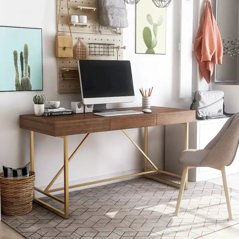 Bureau informatique moderne en métal de 60 pouces avec 3 tiroirs