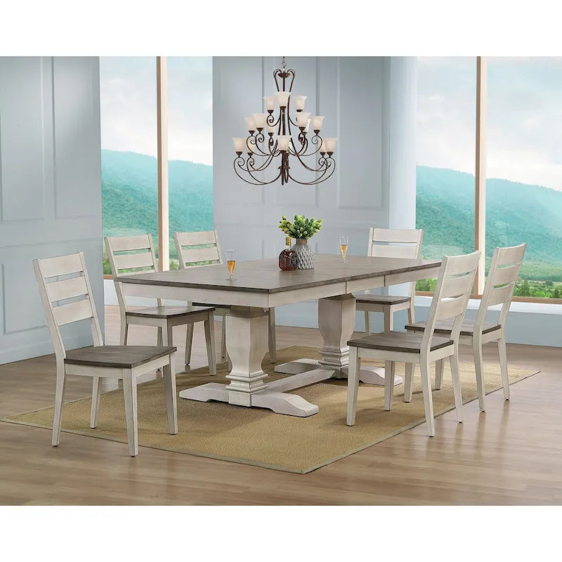 Double Transitional Pedestal Ladder Back Dinning Side chair Ash/ Stormy White 5- Piece Set