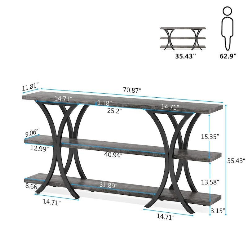 Console avec étagère de rangement, table de canapé de 180 cm de long, table d'entrée pour salon, couloir