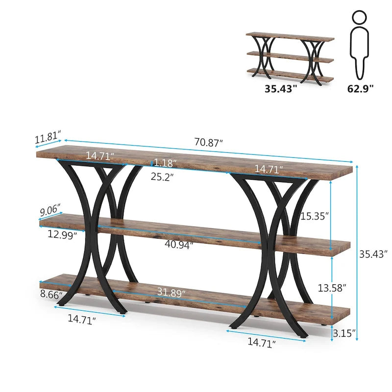 Console avec étagère de rangement, table de canapé de 180 cm de long, table d'entrée pour salon, couloir