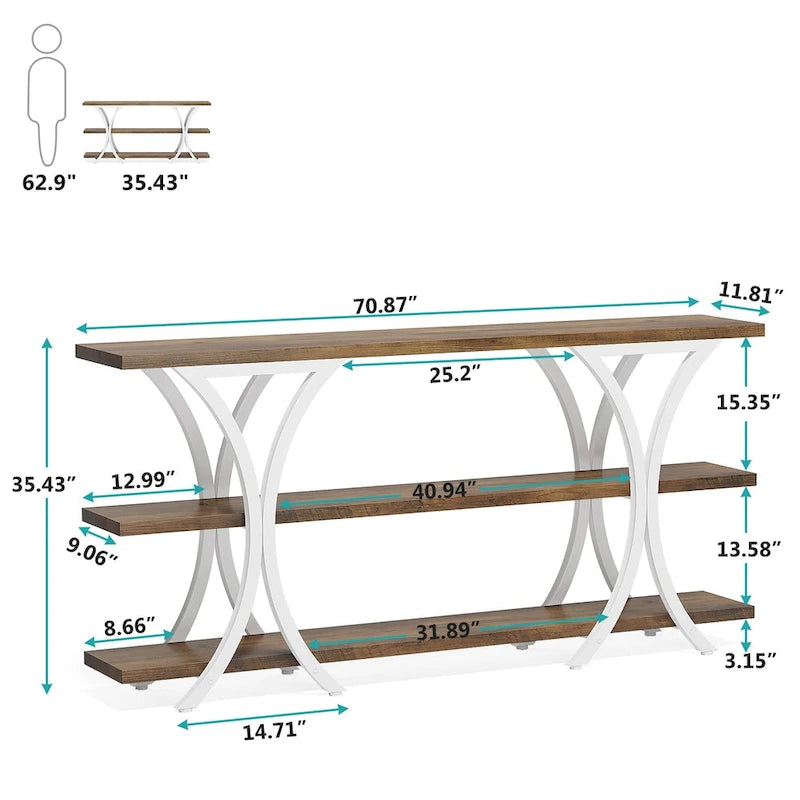 Console avec étagère de rangement, table de canapé de 180 cm de long, table d'entrée pour salon, couloir