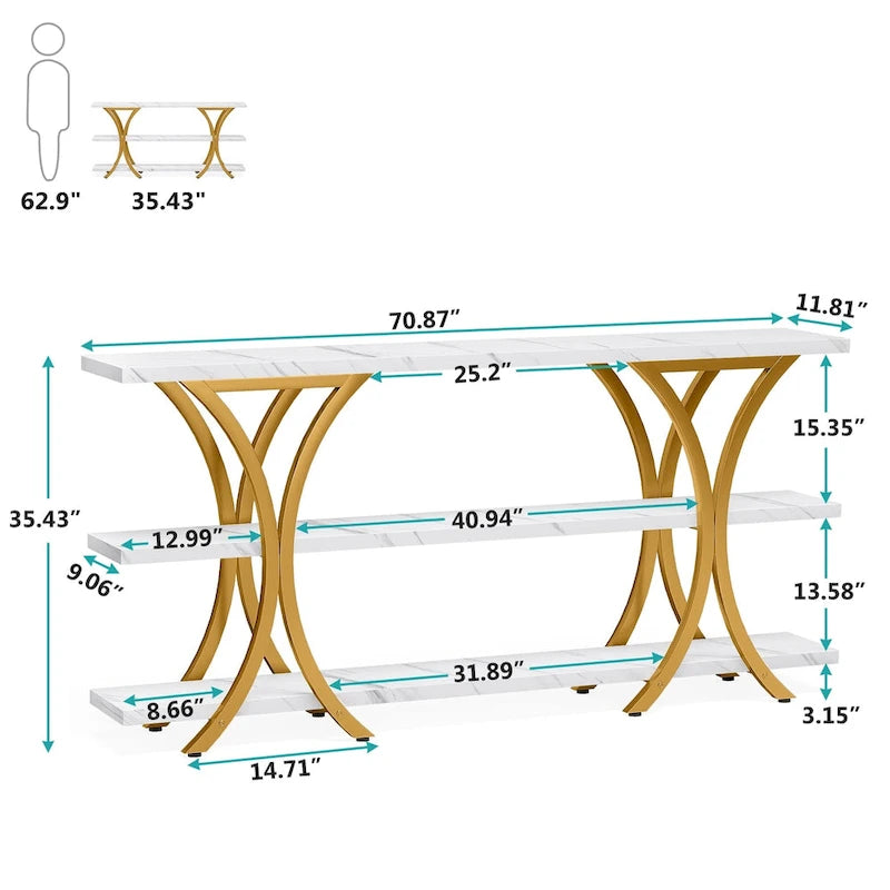 Console avec étagère de rangement, table de canapé de 180 cm de long, table d'entrée pour salon, couloir
