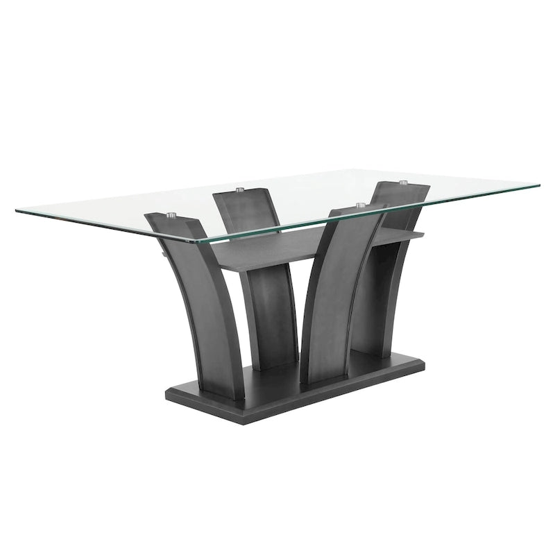 Table de salle à manger moderne avec plateau en verre et base miroir