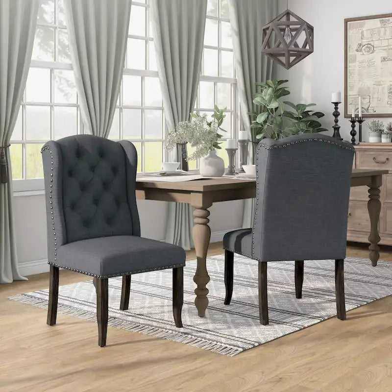 Chaise de salle à manger capitonnée en lin à dossier ailé avec cadre en bois d'hévéa