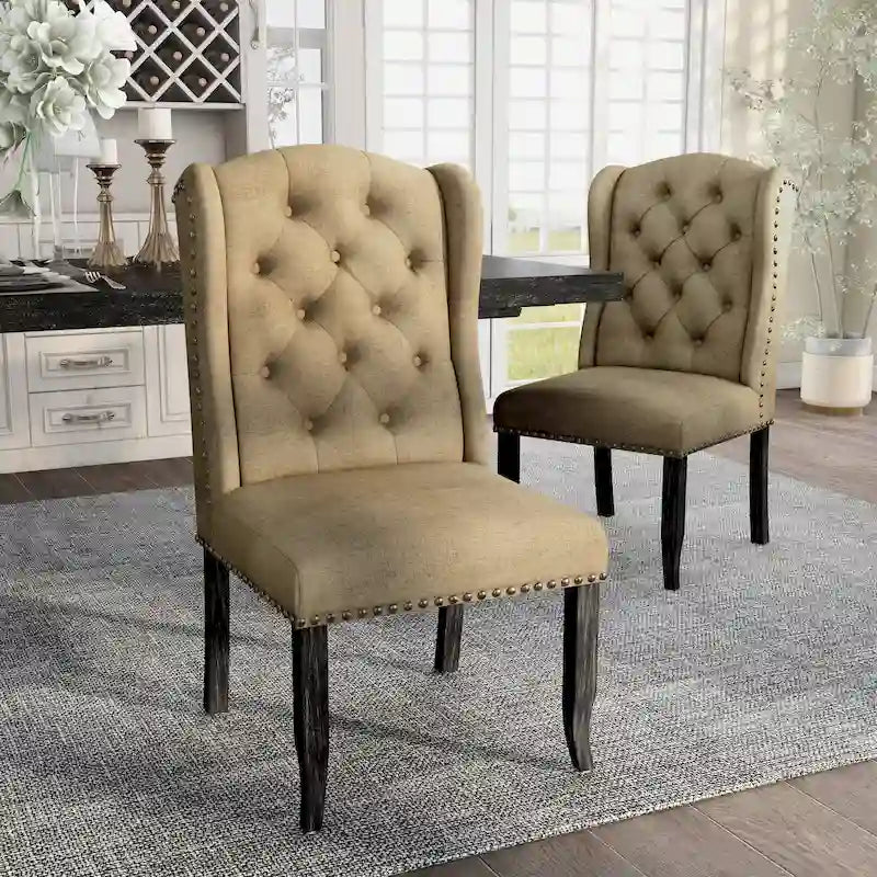 Chaise de salle à manger capitonnée en lin à dossier ailé avec cadre en bois d'hévéa