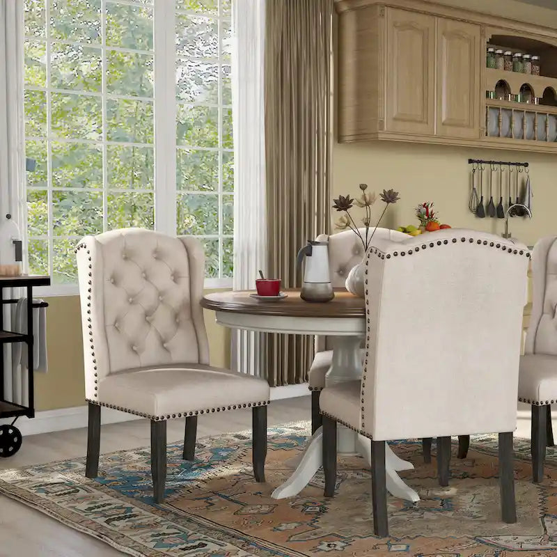 Chaise de salle à manger capitonnée en lin à dossier ailé avec cadre en bois d'hévéa
