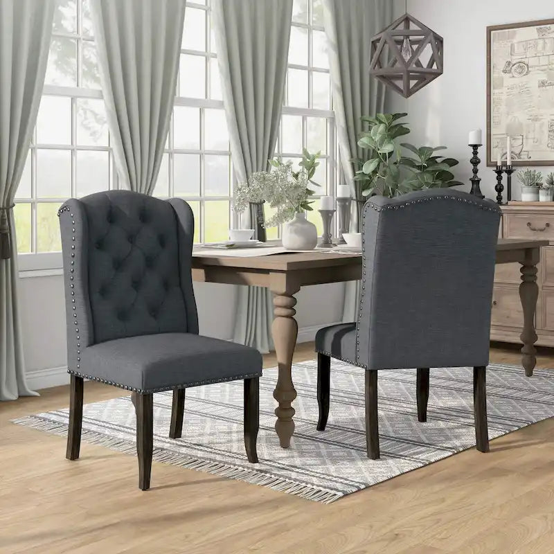 Chaise de salle à manger capitonnée en lin à dossier ailé avec cadre en bois d'hévéa
