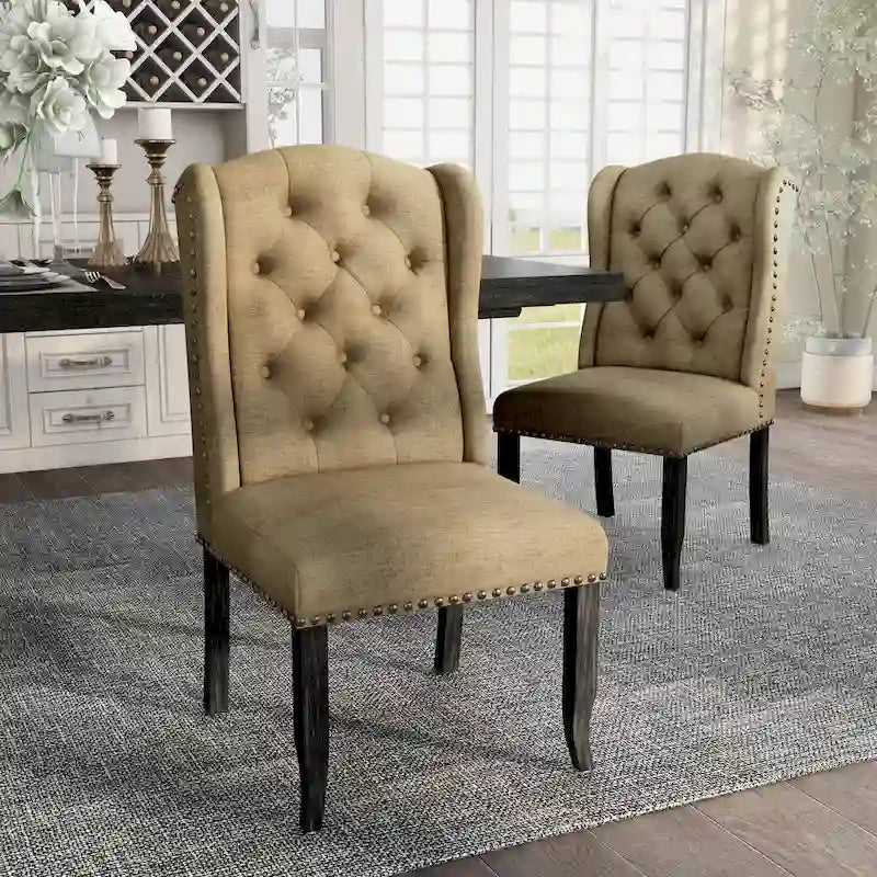 Chaise de salle à manger capitonnée en lin à dossier ailé avec cadre en bois d'hévéa