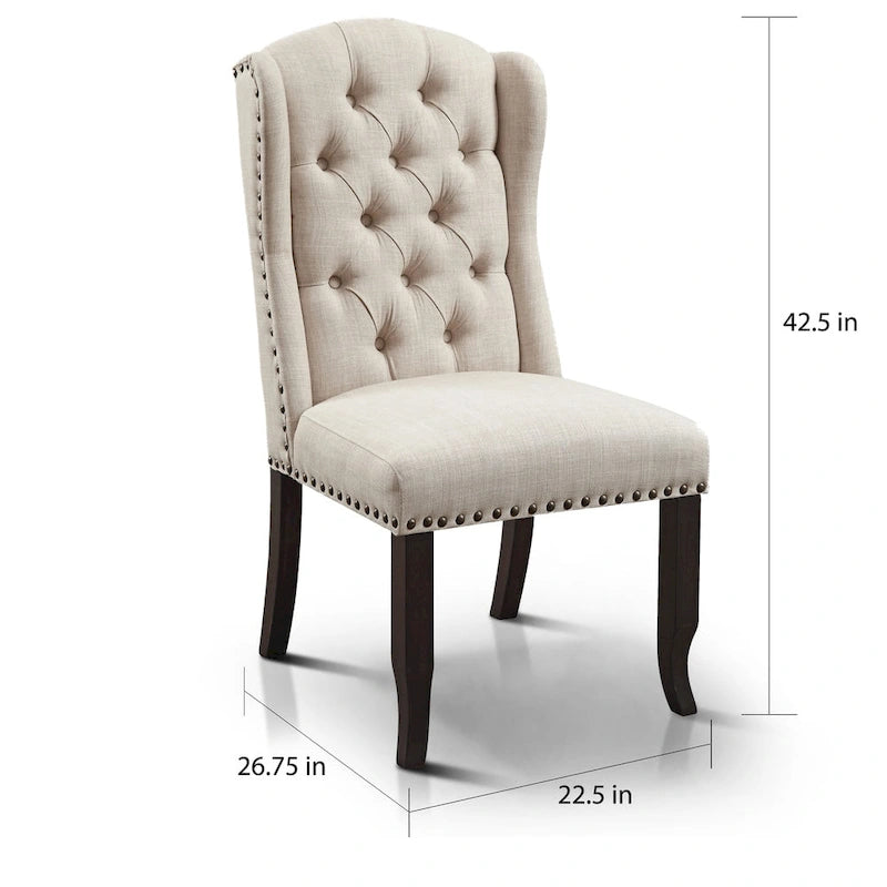 Chaise de salle à manger capitonnée en lin à dossier ailé avec cadre en bois d'hévéa