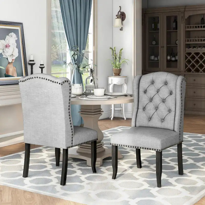 Chaise de salle à manger capitonnée en lin à dossier ailé avec cadre en bois d'hévéa