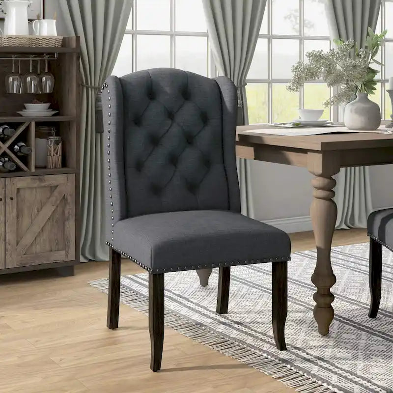 Chaise de salle à manger capitonnée en lin à dossier ailé avec cadre en bois d'hévéa