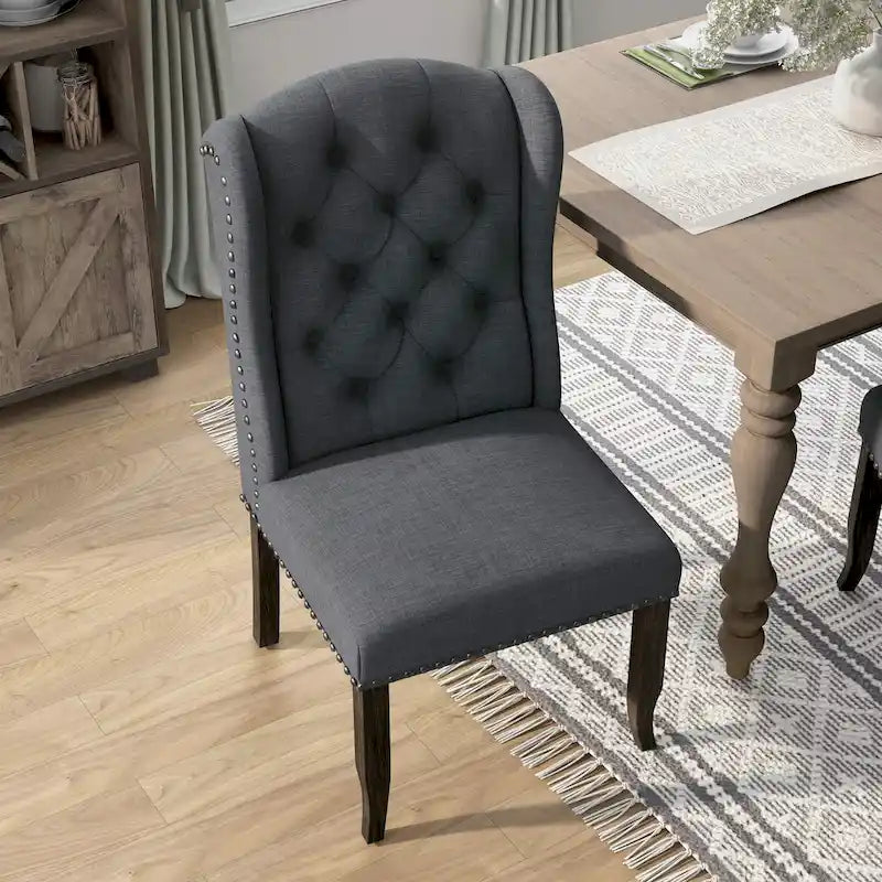 Chaise de salle à manger capitonnée en lin à dossier ailé avec cadre en bois d'hévéa