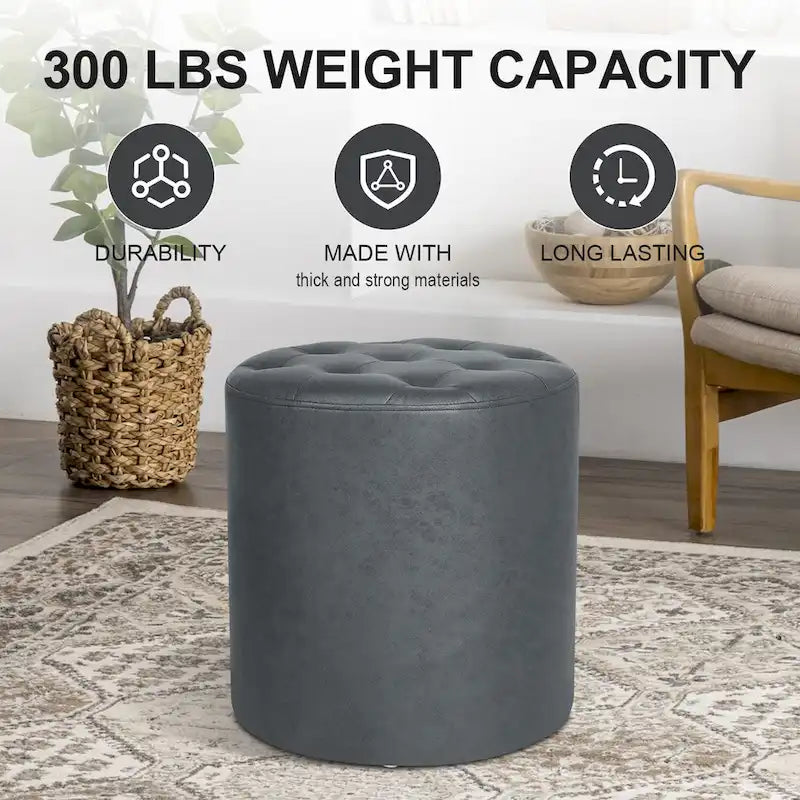 Pouffe rond tapissé en simili cuir capitonné