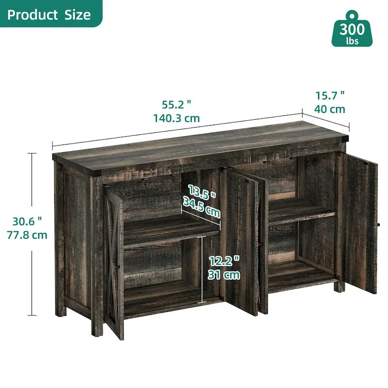 Buffet de rangement de cuisine de 55 pouces à quatre portes de style « Farmhouse »