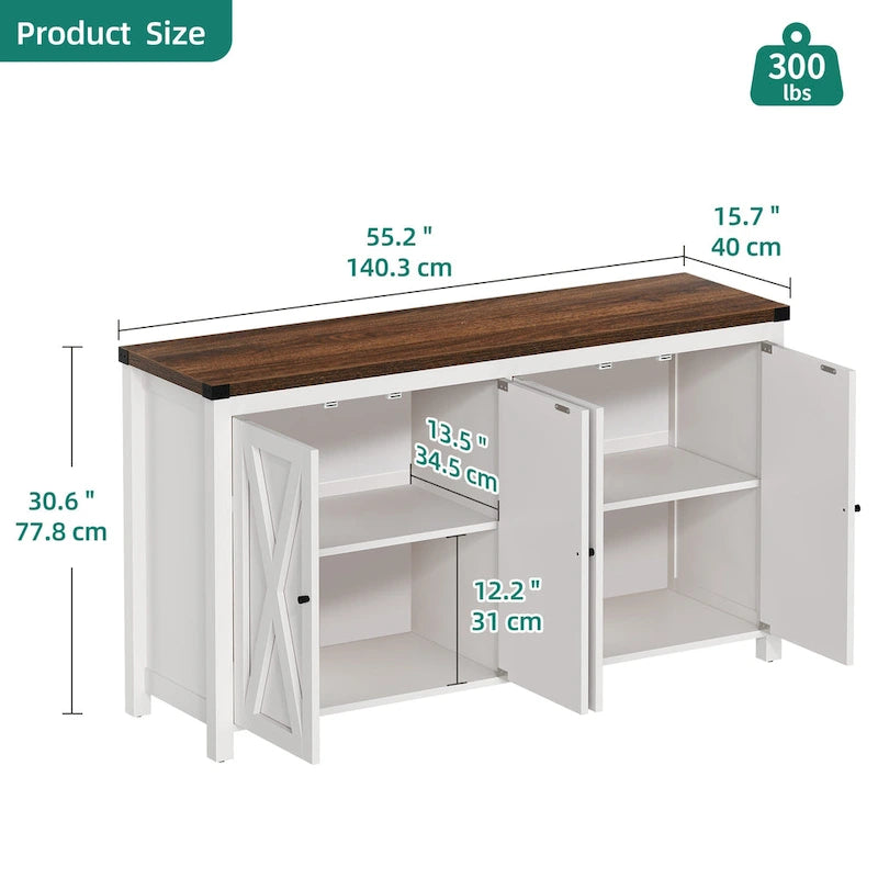 Buffet de rangement de cuisine de 55 pouces à quatre portes de style « Farmhouse »