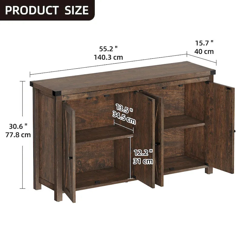 Buffet de rangement de cuisine de 55 pouces à quatre portes de style « Farmhouse »