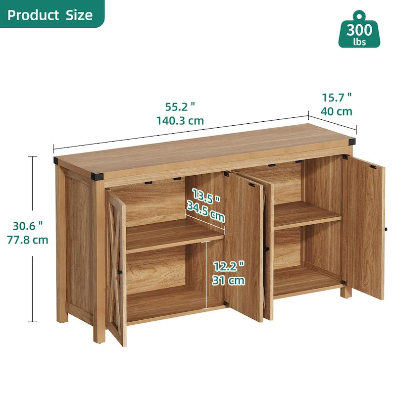 Buffet de rangement de cuisine de 55 pouces à quatre portes de style « Farmhouse »