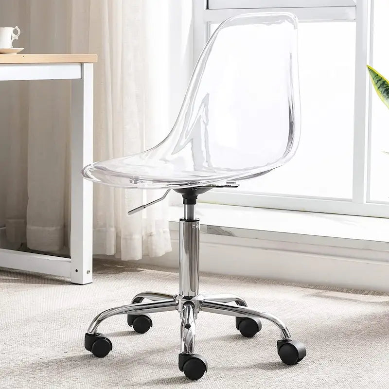 Chaise de bureau à roulettes en acrylique, sans accoudoirs, réglable en hauteur et pivotante