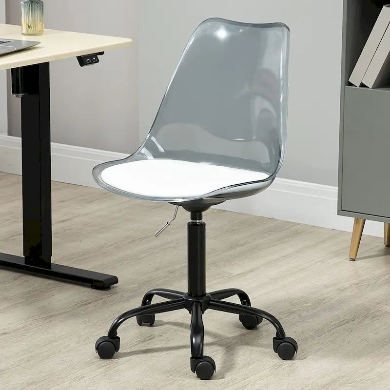 Chaise de bureau à roulettes en acrylique, sans accoudoirs, réglable en hauteur et pivotante