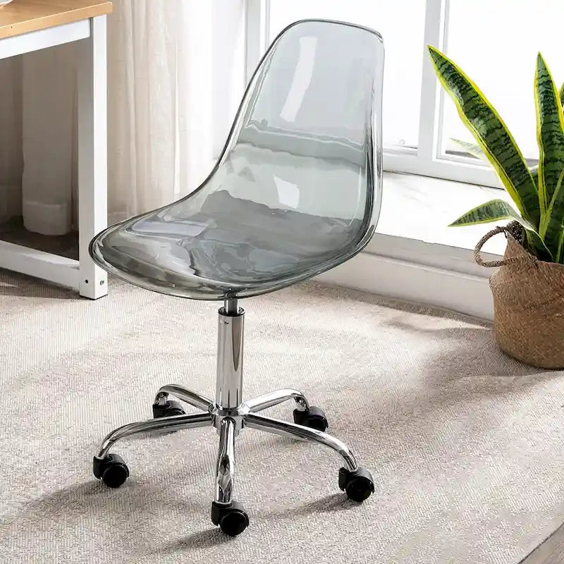Chaise de bureau à roulettes en acrylique, sans accoudoirs, réglable en hauteur et pivotante