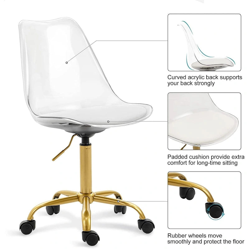 Chaise de bureau à roulettes en acrylique, sans accoudoirs, réglable en hauteur et pivotante