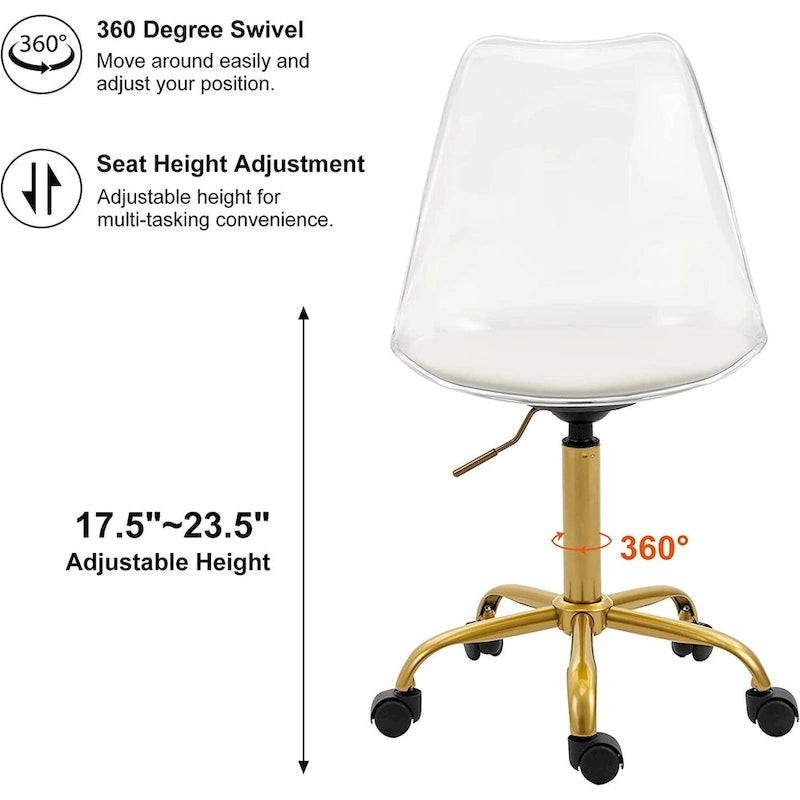 Chaise de bureau à roulettes en acrylique, sans accoudoirs, réglable en hauteur et pivotante