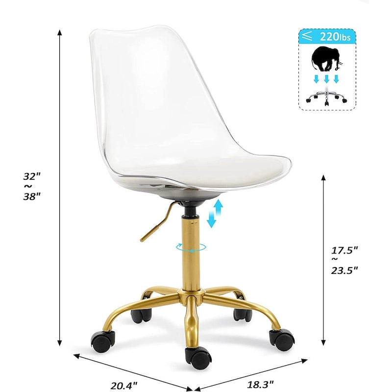 Chaise de bureau à roulettes en acrylique, sans accoudoirs, réglable en hauteur et pivotante