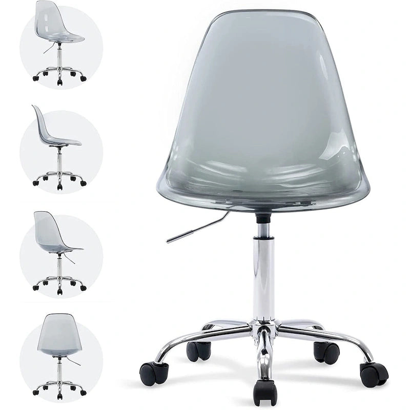 Chaise de bureau à roulettes en acrylique, sans accoudoirs, réglable en hauteur et pivotante