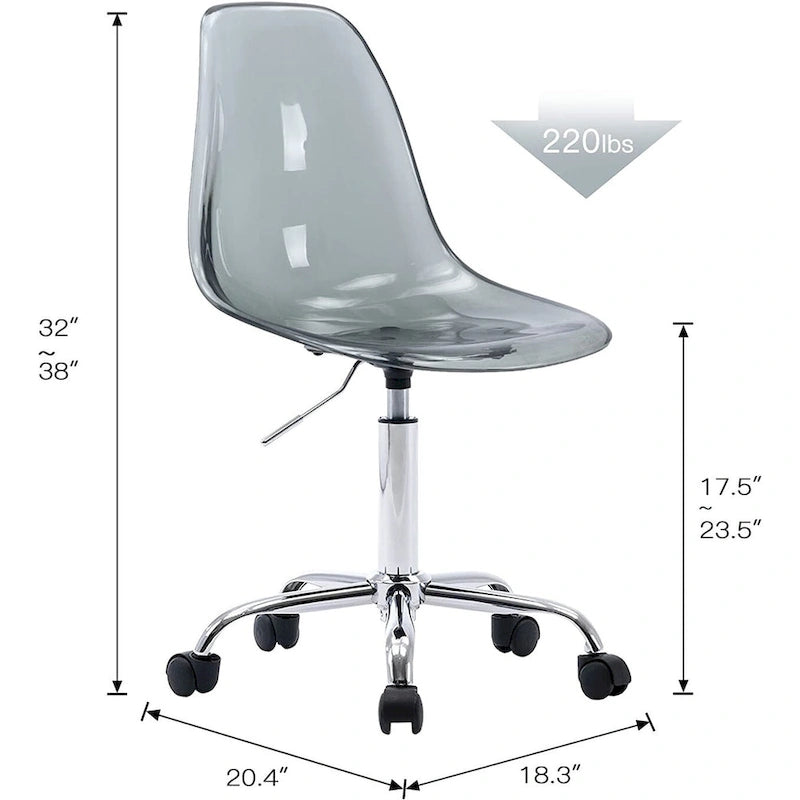 Chaise de bureau à roulettes en acrylique, sans accoudoirs, réglable en hauteur et pivotante