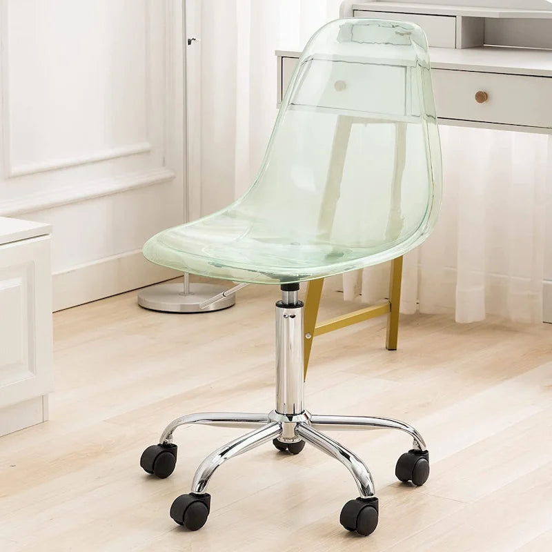Chaise de bureau à roulettes en acrylique, sans accoudoirs, réglable en hauteur et pivotante