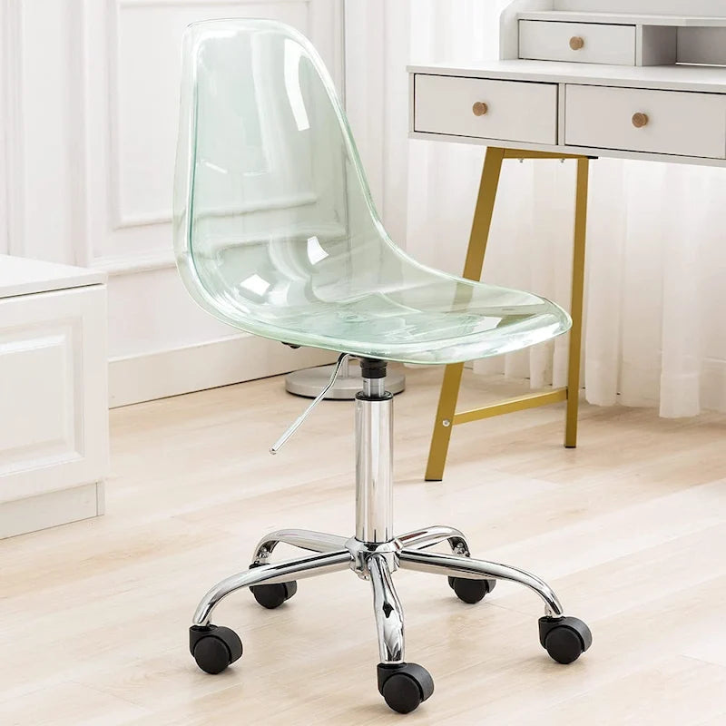 Chaise de bureau à roulettes en acrylique, sans accoudoirs, réglable en hauteur et pivotante