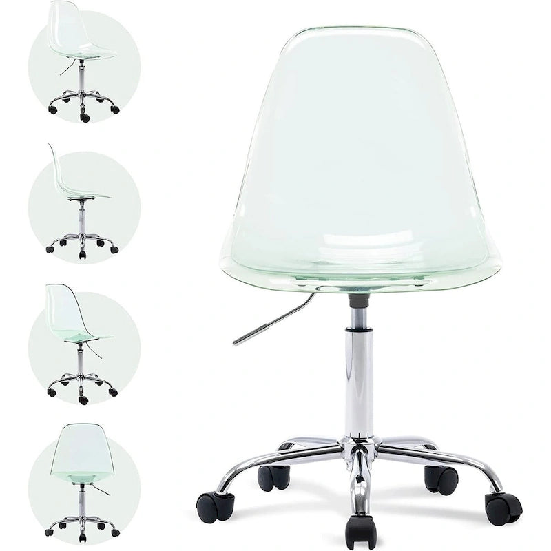 Chaise de bureau à roulettes en acrylique, sans accoudoirs, réglable en hauteur et pivotante