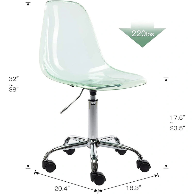 Chaise de bureau à roulettes en acrylique, sans accoudoirs, réglable en hauteur et pivotante