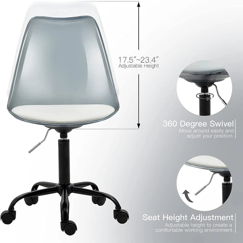 Chaise de bureau à roulettes en acrylique, sans accoudoirs, réglable en hauteur et pivotante