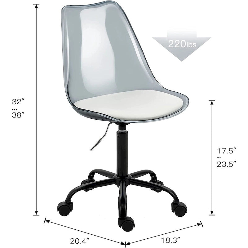 Chaise de bureau à roulettes en acrylique, sans accoudoirs, réglable en hauteur et pivotante