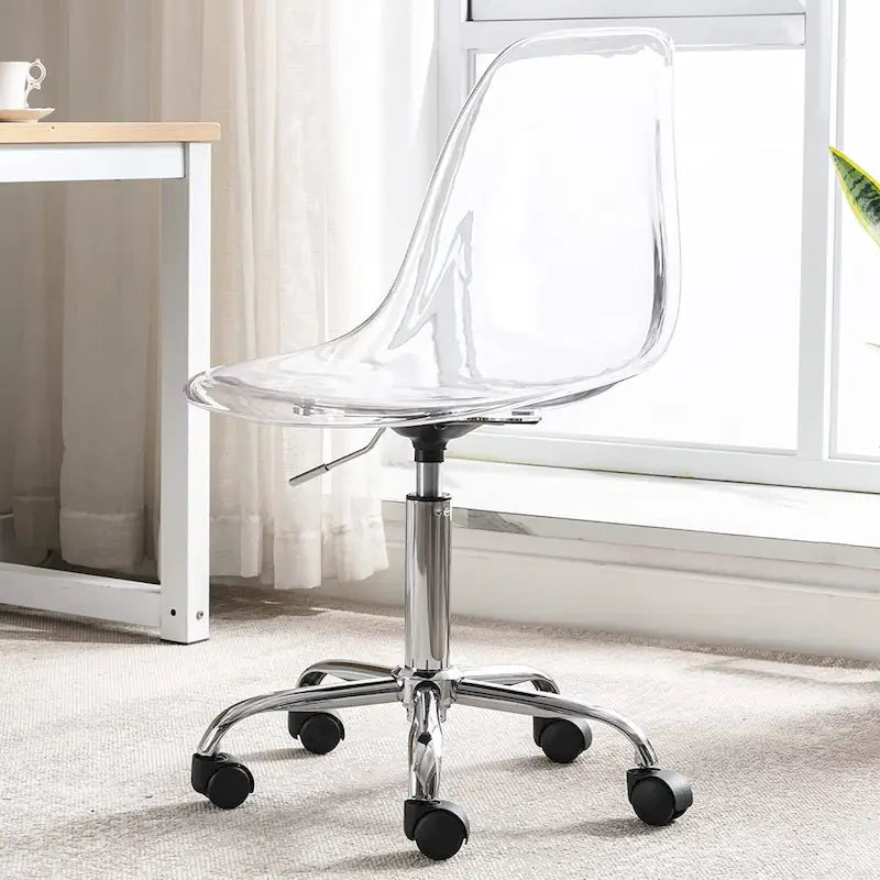 Chaise de bureau à roulettes en acrylique, sans accoudoirs, réglable en hauteur et pivotante
