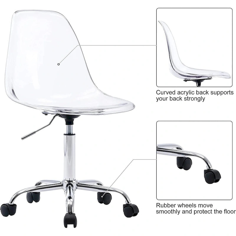 Chaise de bureau à roulettes en acrylique, sans accoudoirs, réglable en hauteur et pivotante
