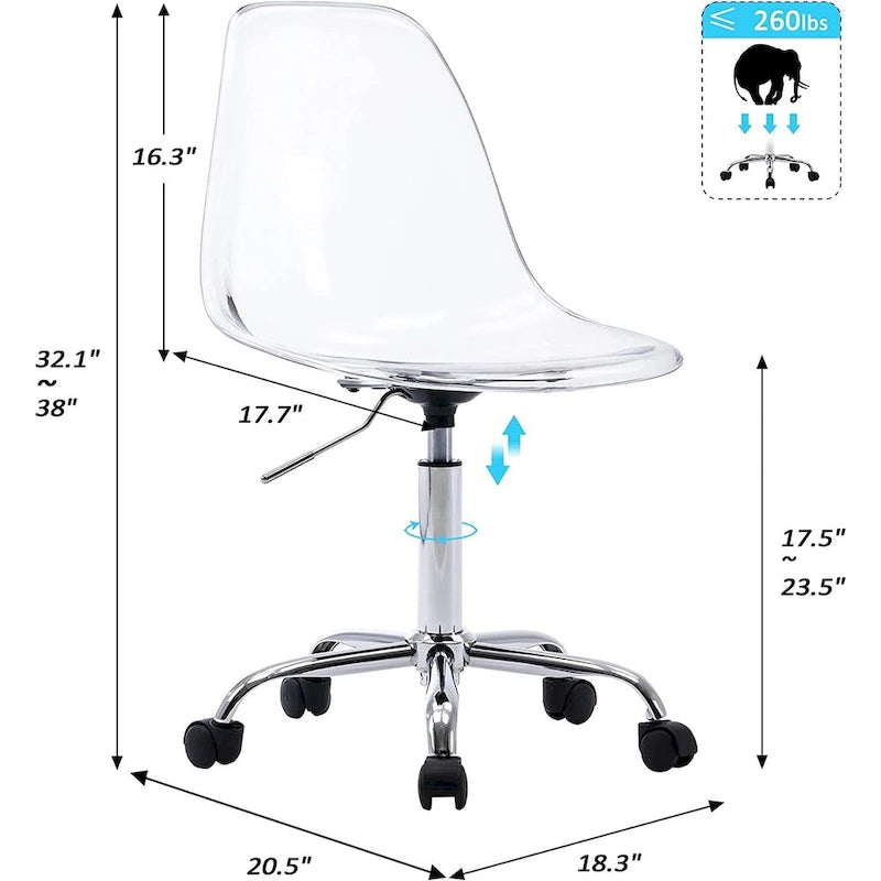 Chaise de bureau à roulettes en acrylique, sans accoudoirs, réglable en hauteur et pivotante