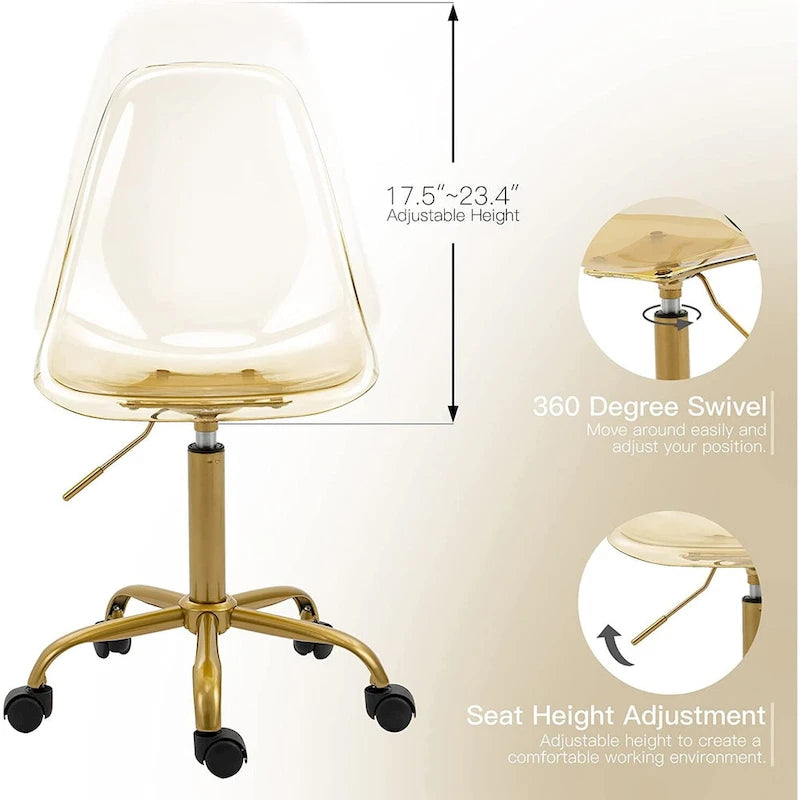 Chaise de bureau à roulettes en acrylique, sans accoudoirs, réglable en hauteur et pivotante