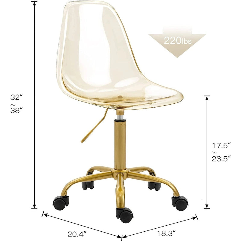 Chaise de bureau à roulettes en acrylique, sans accoudoirs, réglable en hauteur et pivotante