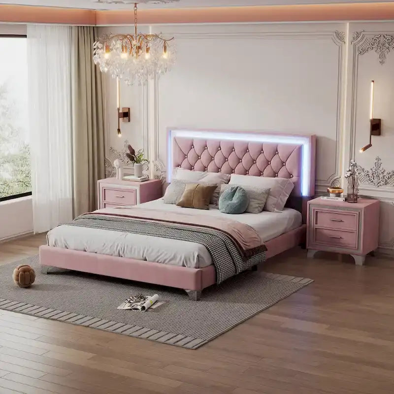 Lit plateforme rembourré Queen avec tête de lit capitonnée à LED