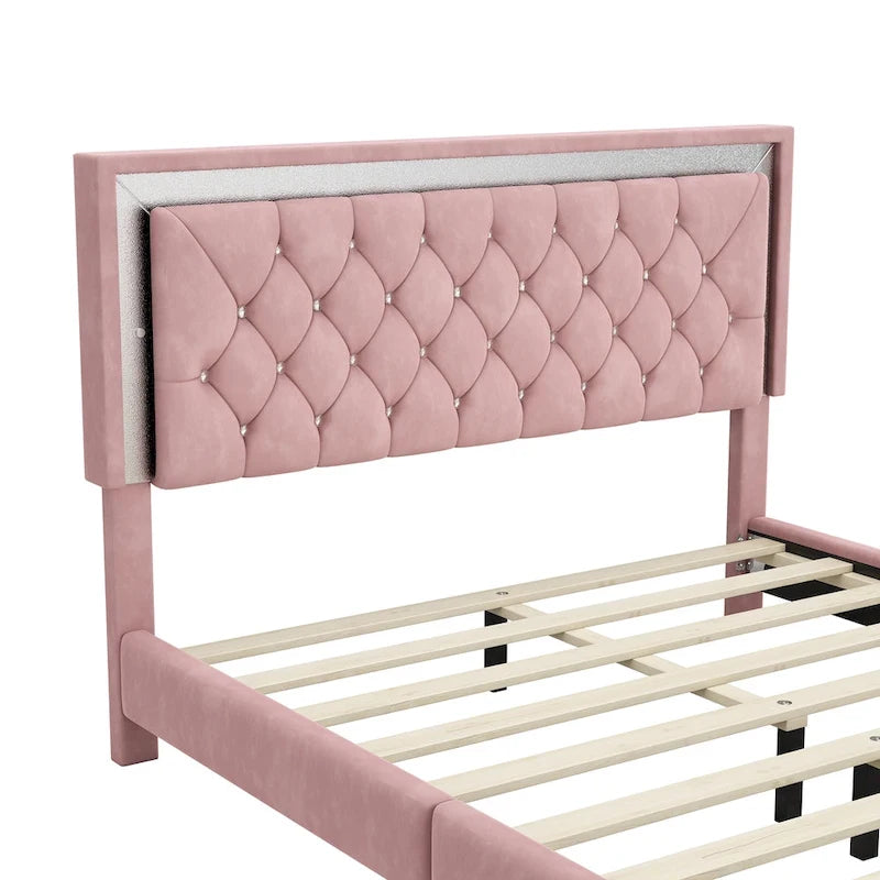 Lit plateforme rembourré Queen avec tête de lit capitonnée à LED