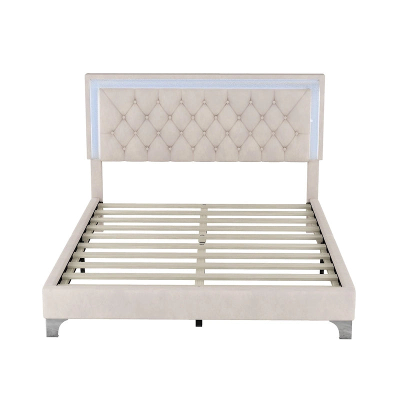Lit plateforme rembourré Queen avec tête de lit capitonnée à LED