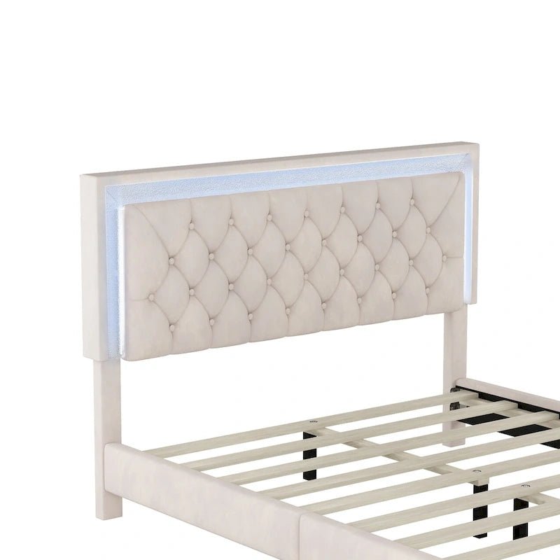 Lit plateforme rembourré Queen avec tête de lit capitonnée à LED