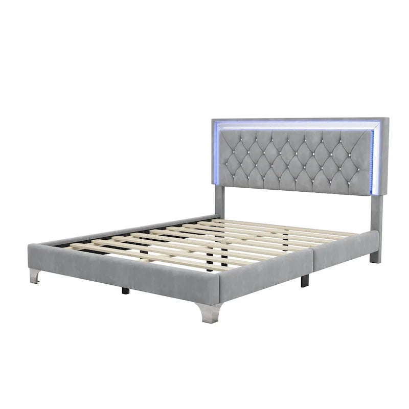 Lit plateforme rembourré Queen avec tête de lit capitonnée à LED