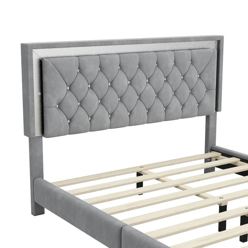 Lit plateforme rembourré Queen avec tête de lit capitonnée à LED